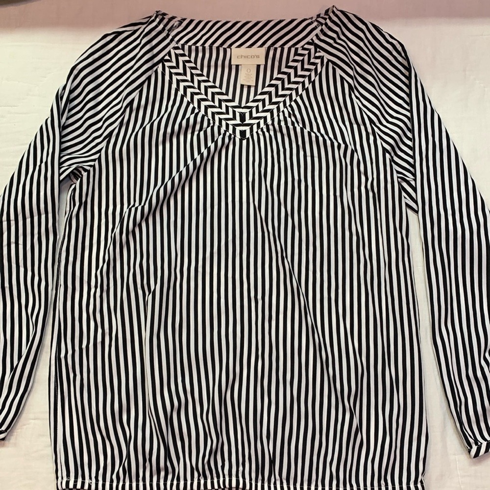 Chicos Black‎ White Striped V-Neck Blouse Long Sleeve Top Size 0 Small